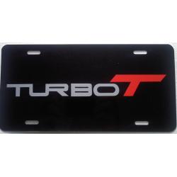 Turbo T Stamped license plate, black with silver and red lettering